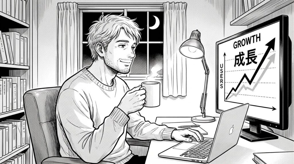 PCのモニターに表示された管理ダッシュボードのグラフが右肩上がりに伸びており、ユーザー数が順調に増えている様子を確認して、穏やかな達成感を感じながらお茶を飲んでいるエンジニアの線画イラスト