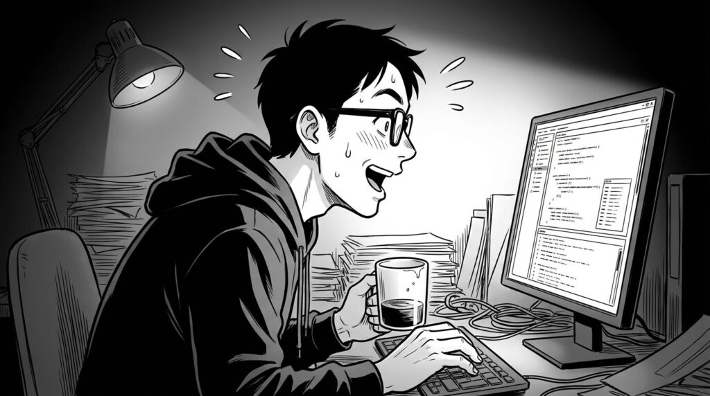 深夜の作業部屋で、PC画面上のホットリロードの速さに驚愕し、コーヒー片手に目を見開く30代男性エンジニアの線画イラスト