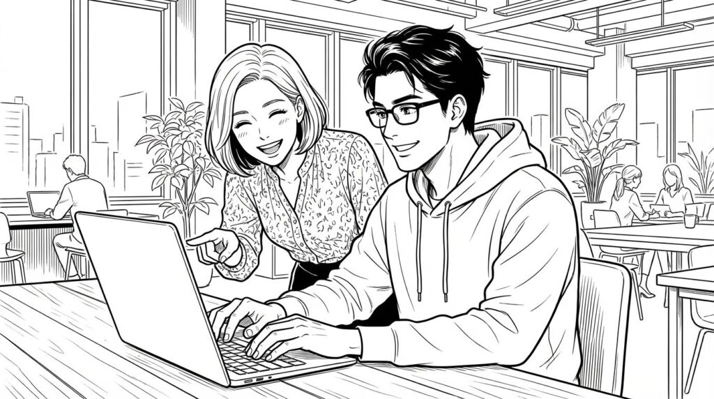 チームミーティングで、デザイナーと画面を見ながらその場で修正を反映し、周囲を驚かせているエンジニアの線画イラスト