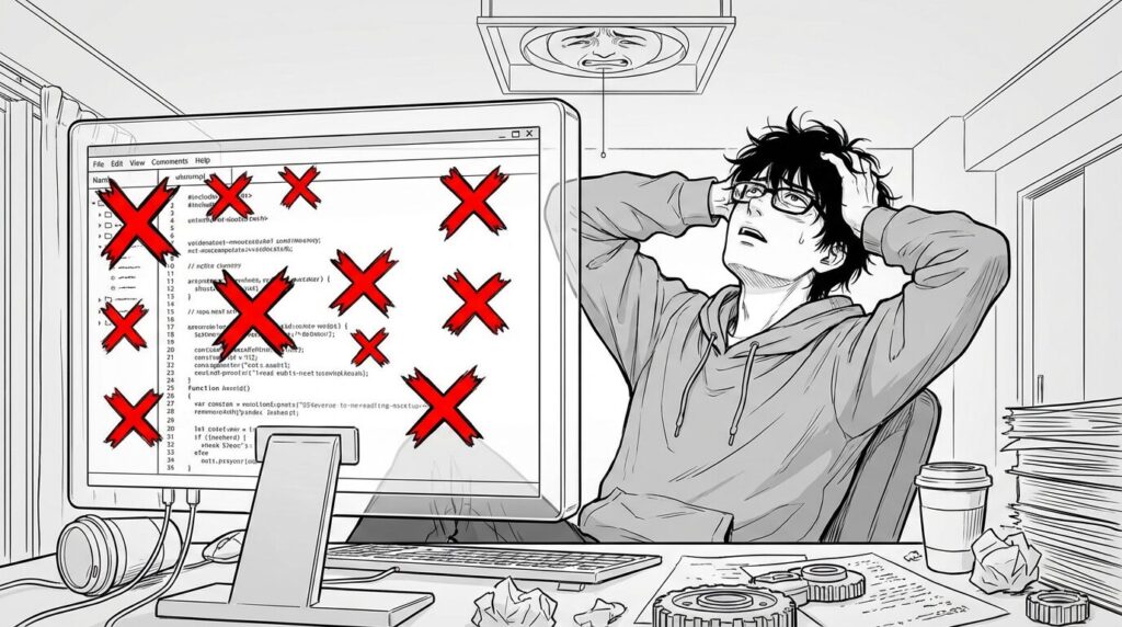 カフェでノートPCを開き、マトリョーシカの人形を横に置いてWidgetの構造について思案する女性エンジニアの線画イラスト