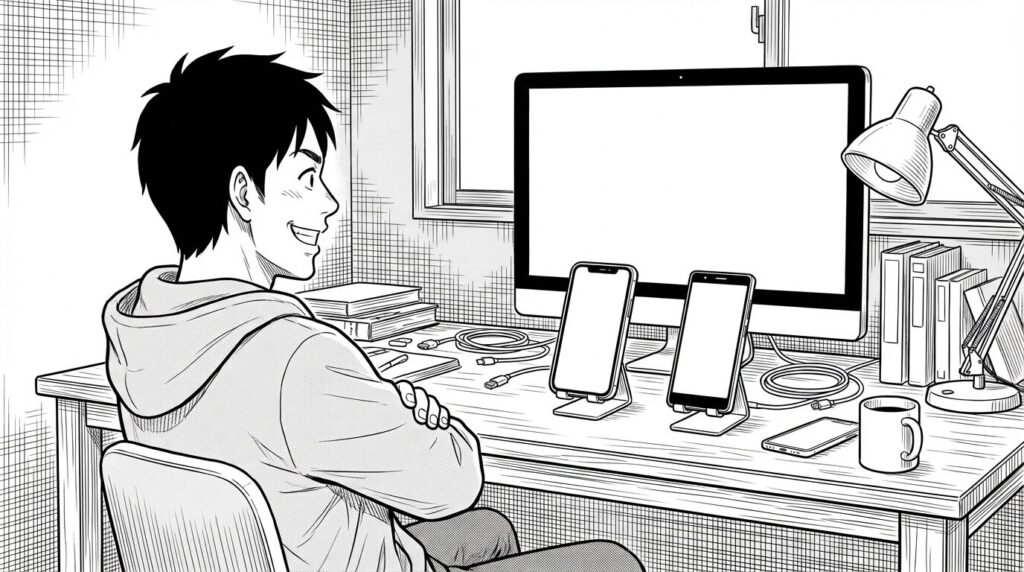 自宅のデスクで、二つのスマートフォン(iPhoneとAndroid)を並べて同じアプリが動いているのを確認し、ニヤリとする男性の線画イラスト