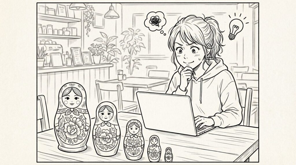 カフェでノートPCを開き、マトリョーシカの人形を横に置いてWidgetの構造について思案する女性エンジニアの線画イラスト