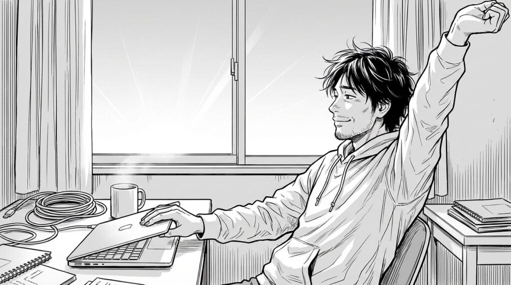 夜明けの空の下、ノートパソコンを閉じて充実感に浸るエンジニアの線画イラスト