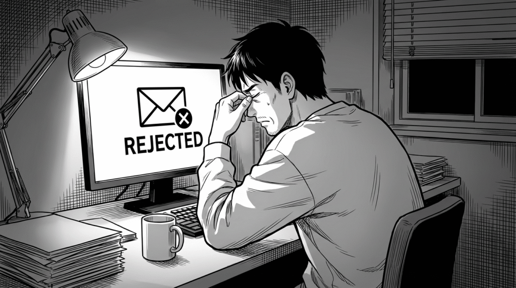 深夜の自宅デスクで、不採用通知のメールを見て落ち込む30代男性エンジニアの線画イラスト