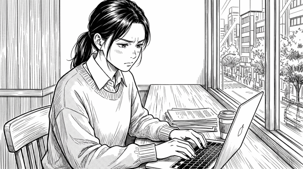 カフェで集中して提案文を作成している20代女性の線画イラスト