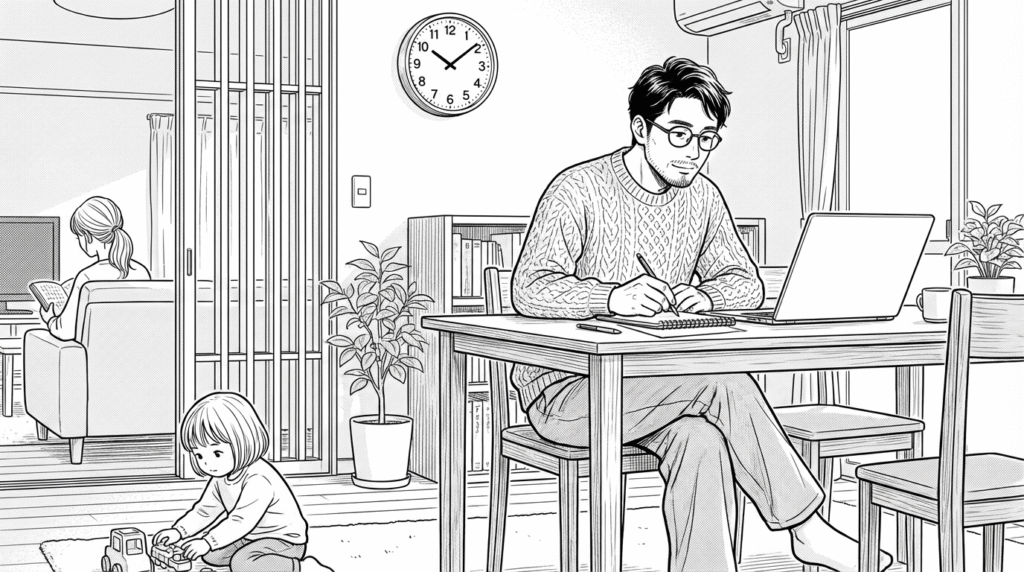 週末、自宅のリビングで時間を決めて作業に取り組む40代男性の線画イラスト