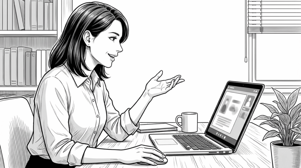 オンライン会議でクライアントに技術的な提案をして信頼を得ている30代女性の線画イラスト