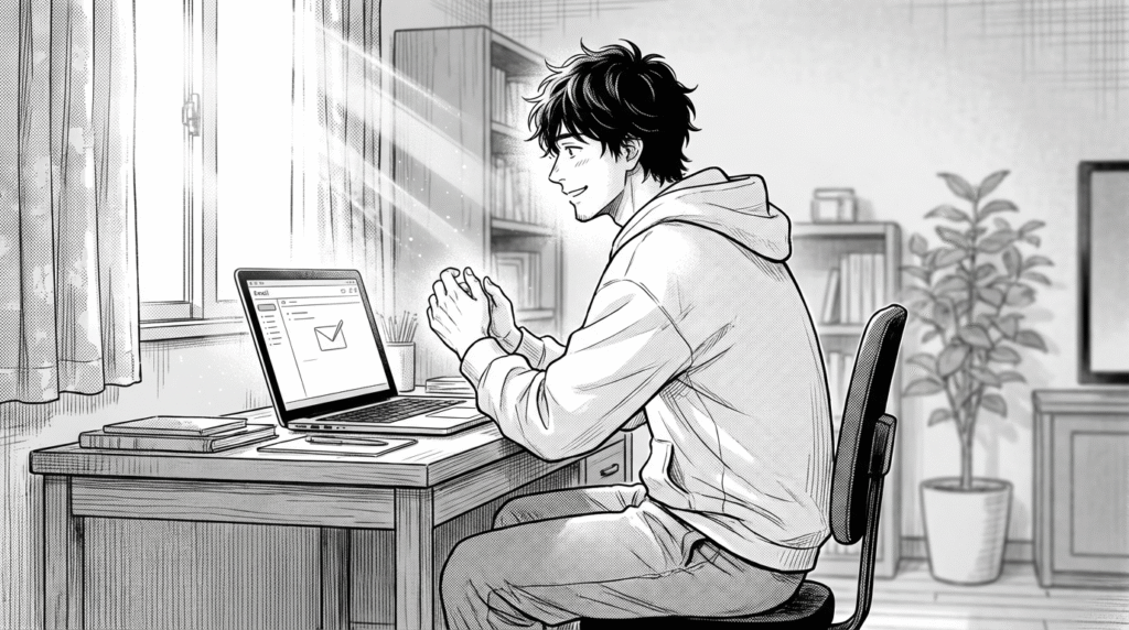 早朝、新しい案件の獲得メールを確認して静かにガッツポーズをする30代男性の線画イラスト