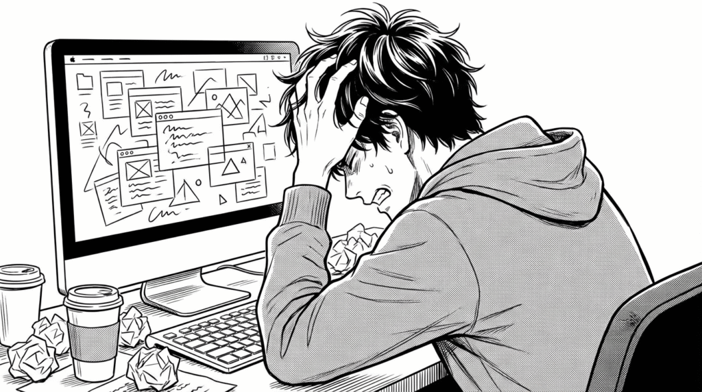 デスクトップ画面いっぱいに「最終版」「最新版」などのファイルが散乱し頭を抱える開発者の漫画イラスト