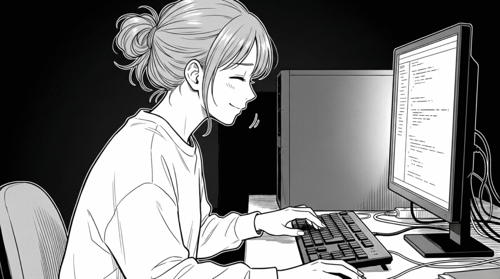 深夜の自宅でPC画面に向かい設定コマンドを叩きながら納得した表情を浮かべる女性の漫画イラスト