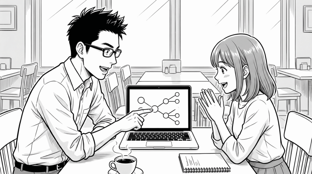 カフェでメンターが学習者にノートPCの画面を指差しながらGitHubの仕組みを解説している漫画イラスト