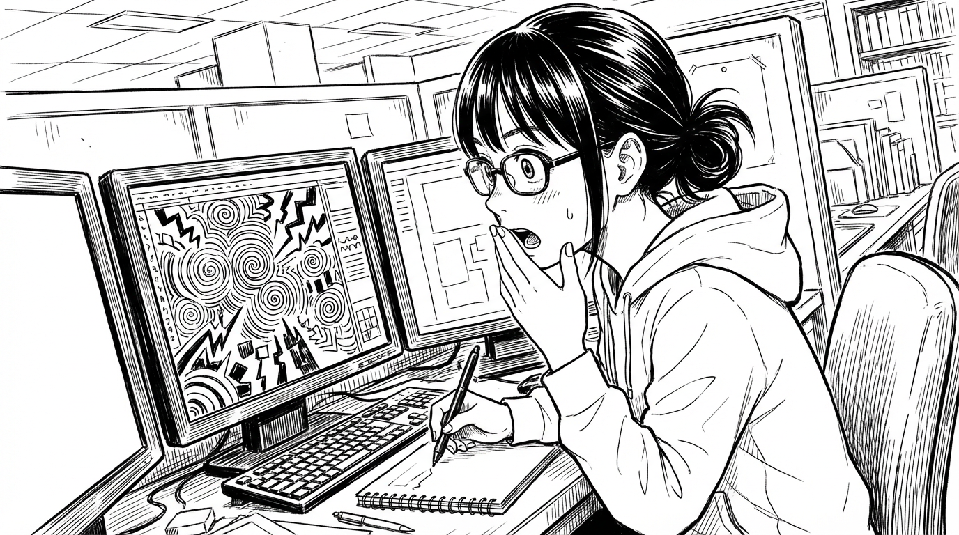 先輩からのレビュー(PC画面上のやり取りを想定)を見て、自分の至らなかった点に気づき、ハッとしている表情。あるいは「次はこうしよう」とメモを取っている様子。