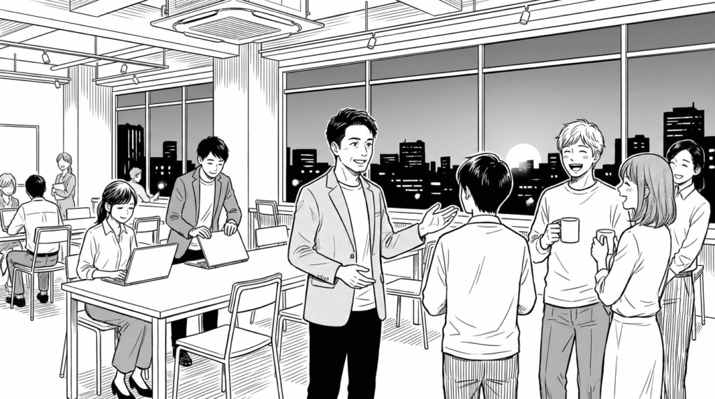 PCを閉じて帰り支度をしている、またはコーヒーを飲みながら談笑しているシーン