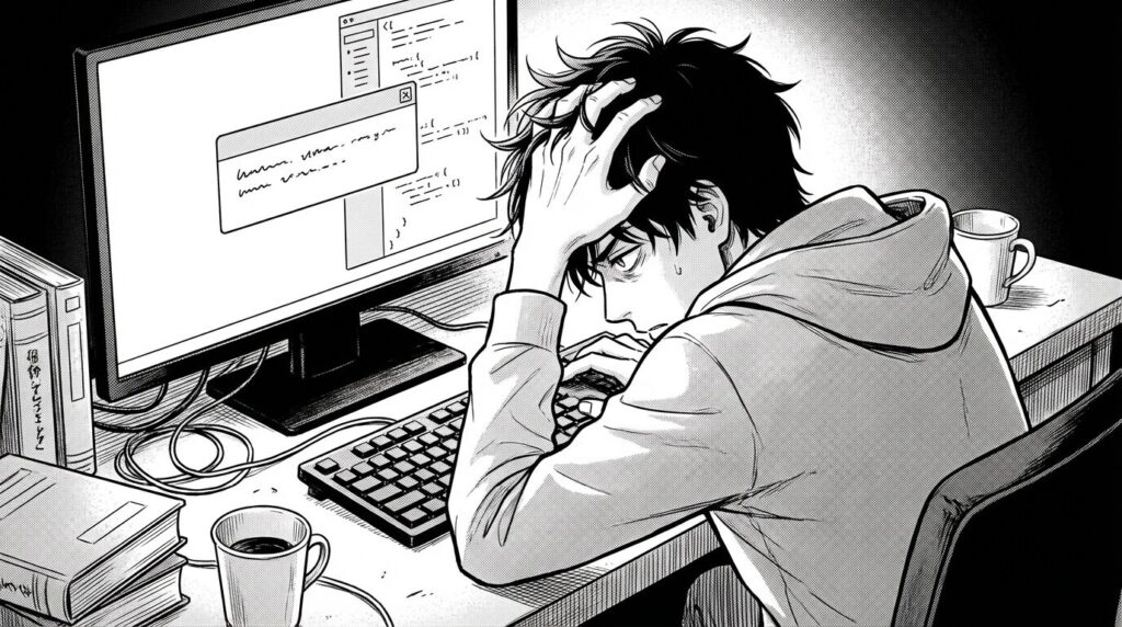 深夜のデスクで、「Rejected」の通知メールを見て頭を抱える男性エンジニアのイラスト