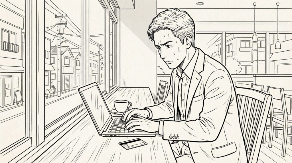 カフェでMacを開き、Apple Developer Program の登録をしているエンジニアのイラスト