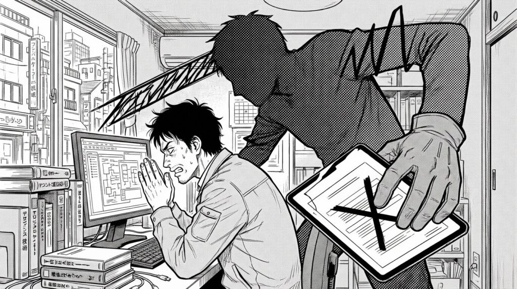 審査官が iPad でアプリをチェックしている様子を想像し、祈る気持ちで画面を見つめるエンジニアのイラスト