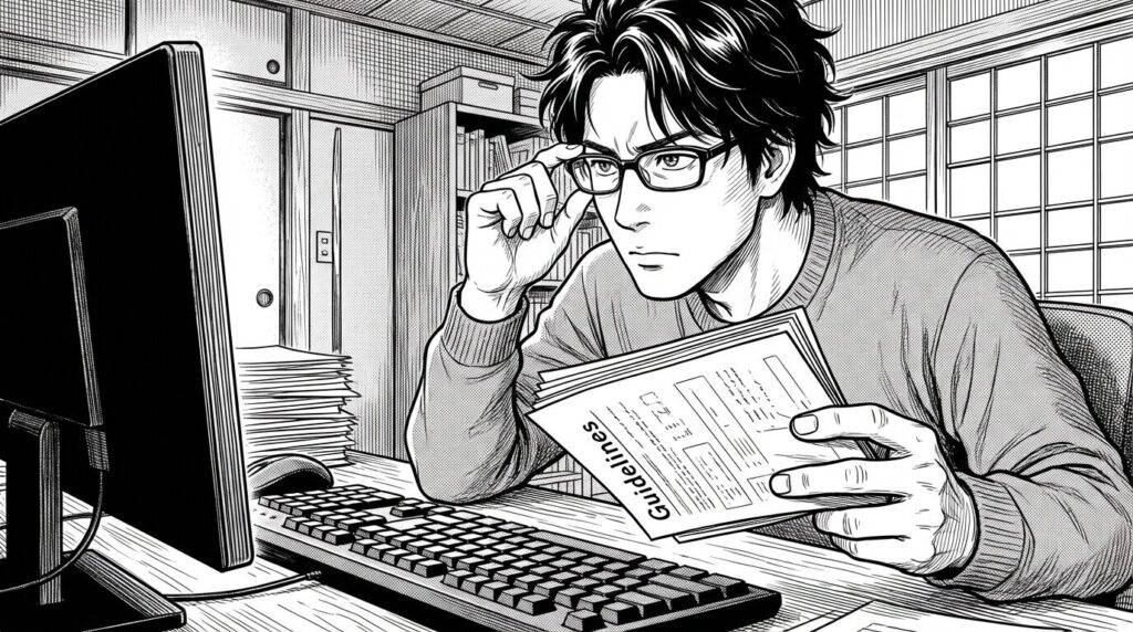 Resolution Center でガイドラインを引用しながら返信文を入力しているエンジニアのイラスト