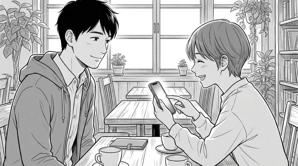 ストアに並んだアプリを見て、友人が楽しそうに使っているのを見て、安心した顔を見せるエンジニアのイラスト