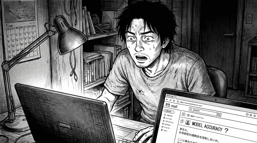 自宅のデスクで、クライアントからの質問メールを見て焦る30代男性の線画イラスト