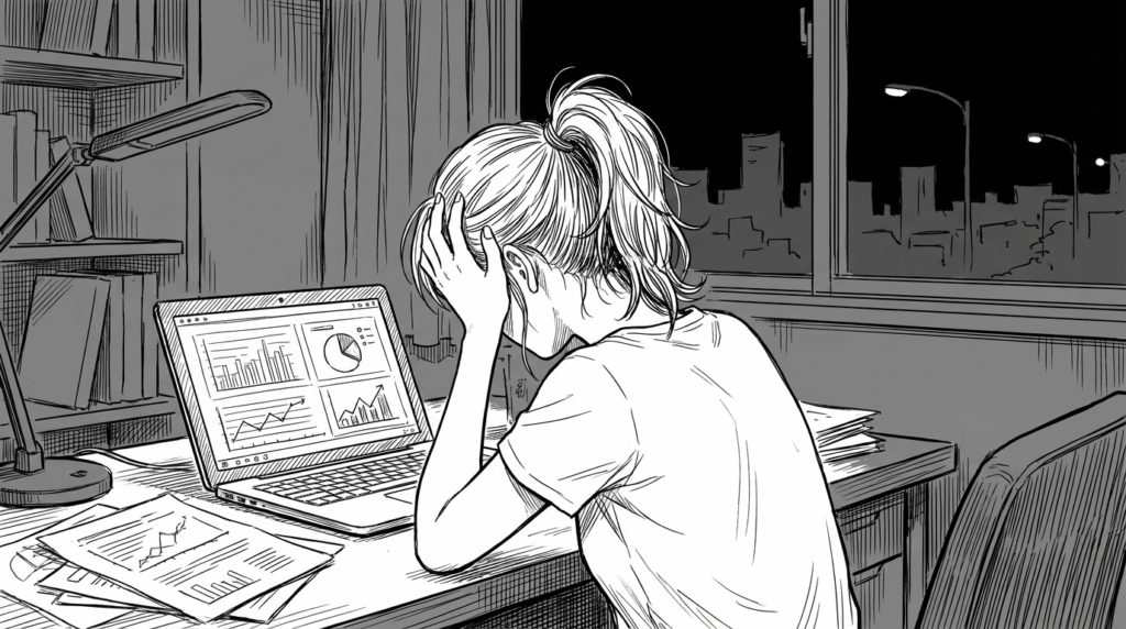 深夜のオフィスで、モデルの評価結果を見て頭を抱える20代女性の線画イラスト