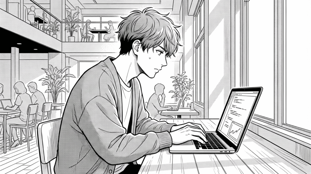 コワーキングスペースで、ノートパソコンでコードを書きながら評価指標を学ぶ20代男性の線画イラスト