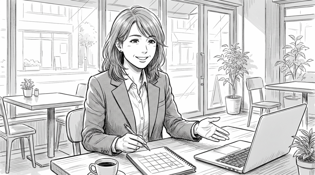 カフェで、ホワイトボードに混同行列を書きながら友人に説明する40代女性の線画イラスト