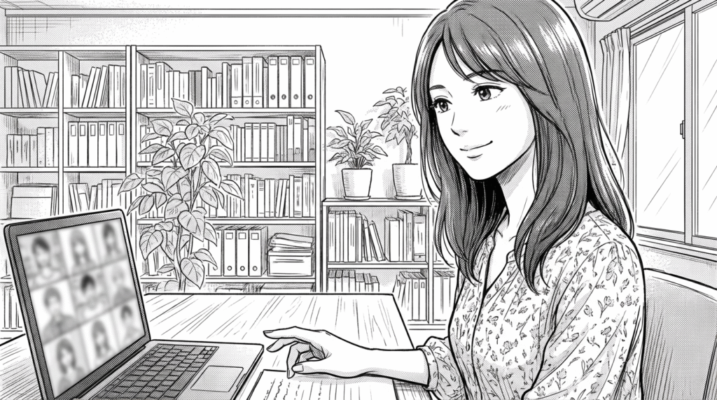 オンライン会議で、クライアントに評価指標を説明する30代女性の線画イラスト