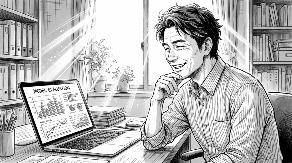 明るいオフィスで、機械学習モデルの評価レポートを見て満足そうに微笑む40代男性の線画イラスト