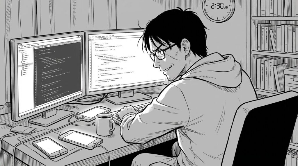 深夜のデスクで、複数のスマホ端末とPC画面に向き合いながら、コードのエラーと格闘しつつも充実した表情を浮かべる30代男性エンジニアの線画イラスト