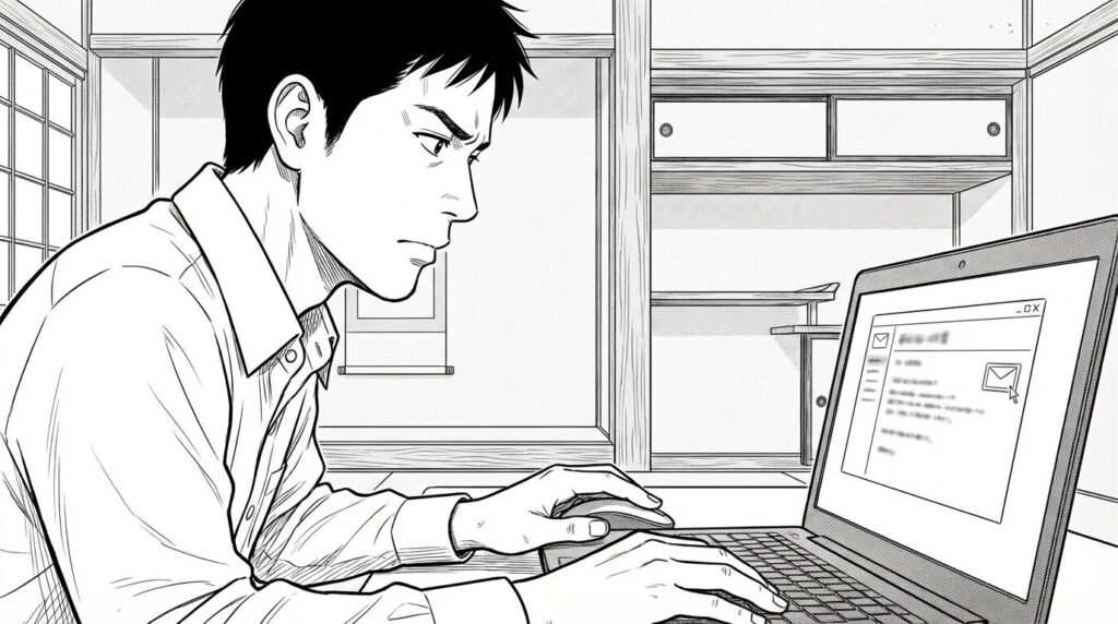 深夜、自宅の作業部屋でモニターに映る提案書の文面を推敲し、送信ボタンを押す瞬間の緊張した表情のエンジニアの線画イラスト