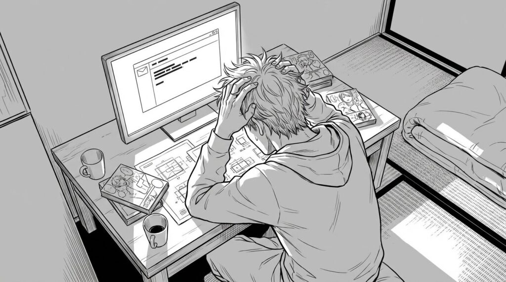 リジェクト通知が届いたPC画面を前に頭を抱えるが、すぐに気を取り直して異議申し立て文を作成し始めるエンジニアの線画イラスト