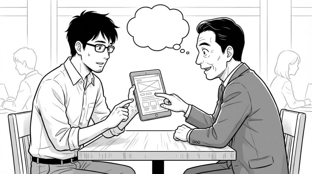カフェでクライアントにタブレット上のFigma画面を見せながら、アプリの動線について熱心に提案しているエンジニアの線画イラスト