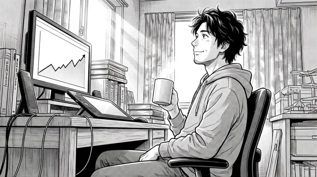 完成したアプリのダウンロード数が伸びているグラフ画面を見て、安堵と達成感に満ちた表情でコーヒーを飲むエンジニアの線画イラスト