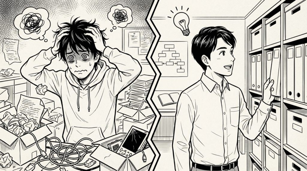 散らかった部屋（スパゲッティコード）と整理整頓された部屋（MVC）を対比して悩んでいるエンジニアの線画イラスト