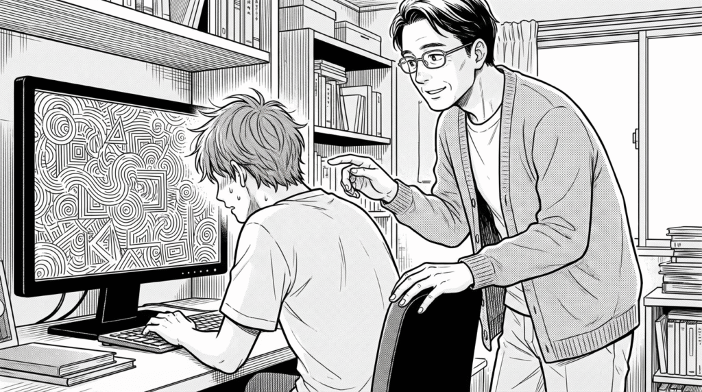 Fat Controllerになったコードを見て絶望するエンジニアと、それを諭すメンターの線画イラスト