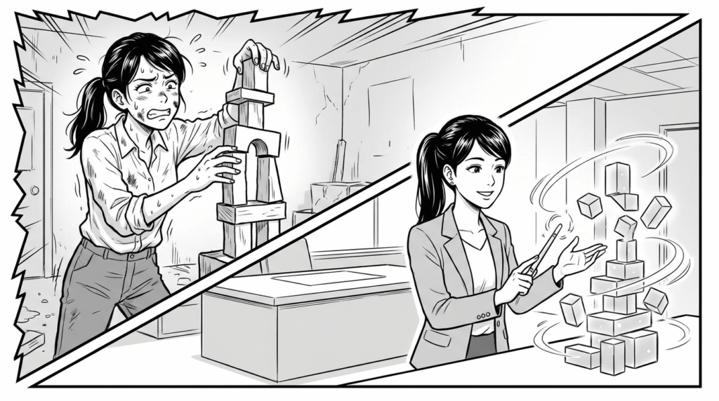 手作業でDOMを書き換えるjQuery時代と、自動更新されるMVVM時代の対比イメージの線画イラスト