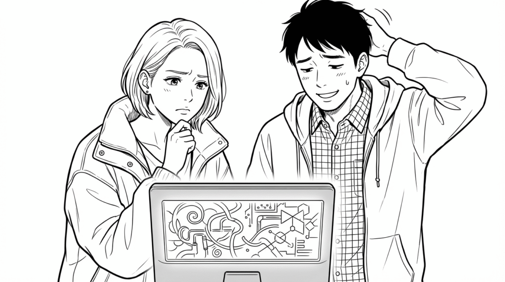 複雑なロジックが入り組んだHTMLを見て頭を抱えるデザイナーとエンジニアの線画イラスト