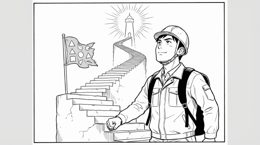 階段を登るように、MVCから始めてClean Architectureへ進むイメージの線画イラスト