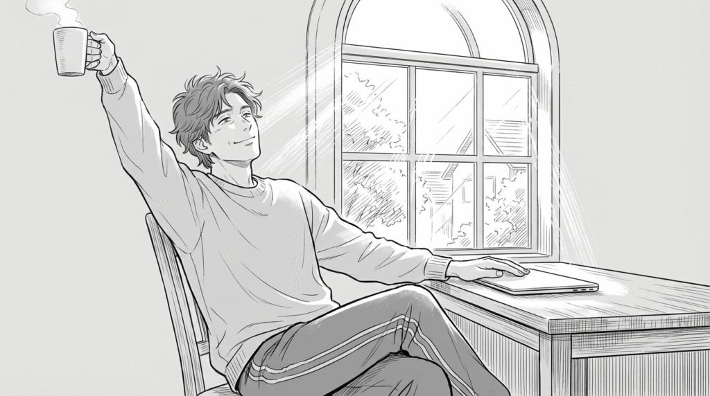 朝日を見ながら、綺麗なコードが書かれたPC画面を見て満足げなエンジニアの線画イラスト