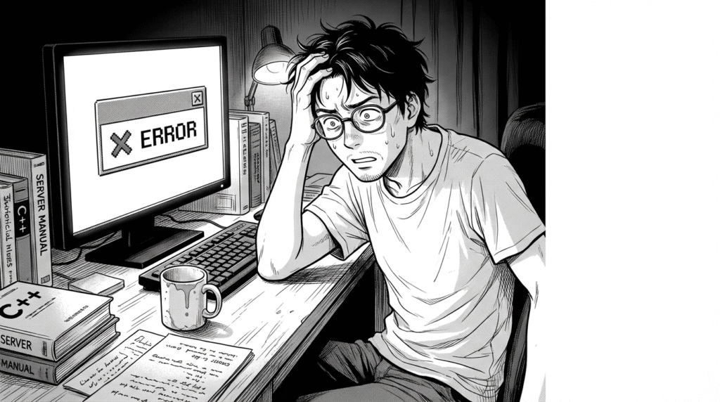 深夜の自宅で、ノートパソコンを開いてエラー画面を見つめる30代男性エンジニアの線画イラスト