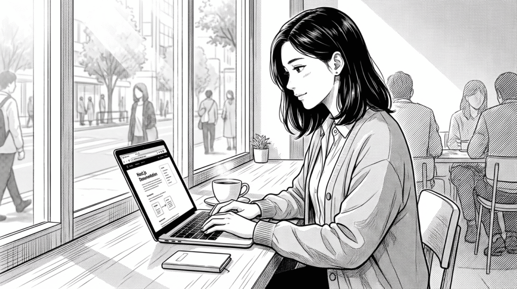 カフェでノートパソコンを開き、Next.jsのドキュメントを読みながらコーヒーを飲む20代女性エンジニアの線画イラスト