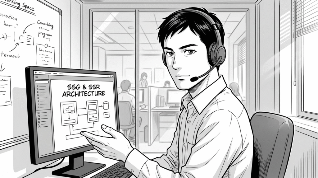 コワーキングスペースで、クライアントとオンラインミーティングをしながら画面共有をする30代男性の線画イラスト