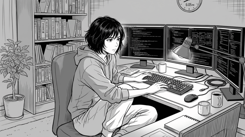 自宅の書斎で、複数のモニターを使ってコードを書く40代女性エンジニアの線画イラスト