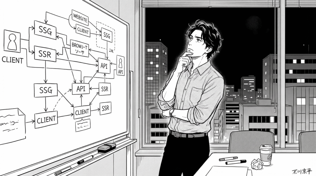 夜のオフィスで、ホワイトボードにシステム構成図を描きながら考える30代男性エンジニアの線画イラスト