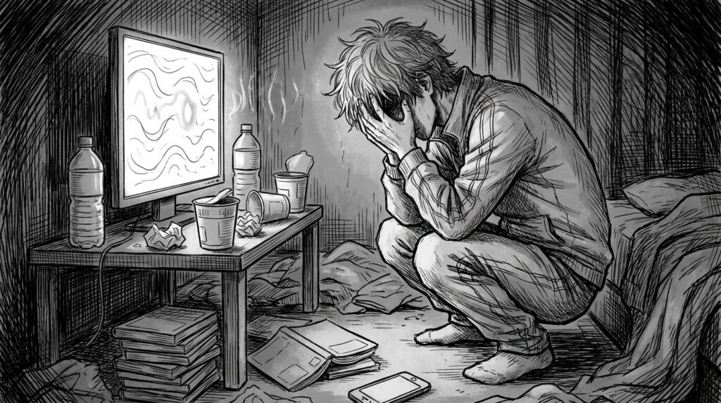 深夜の散らかった部屋でエラー画面が表示されたPCの前で頭を抱えて動けなくなっている男性の線画イラスト