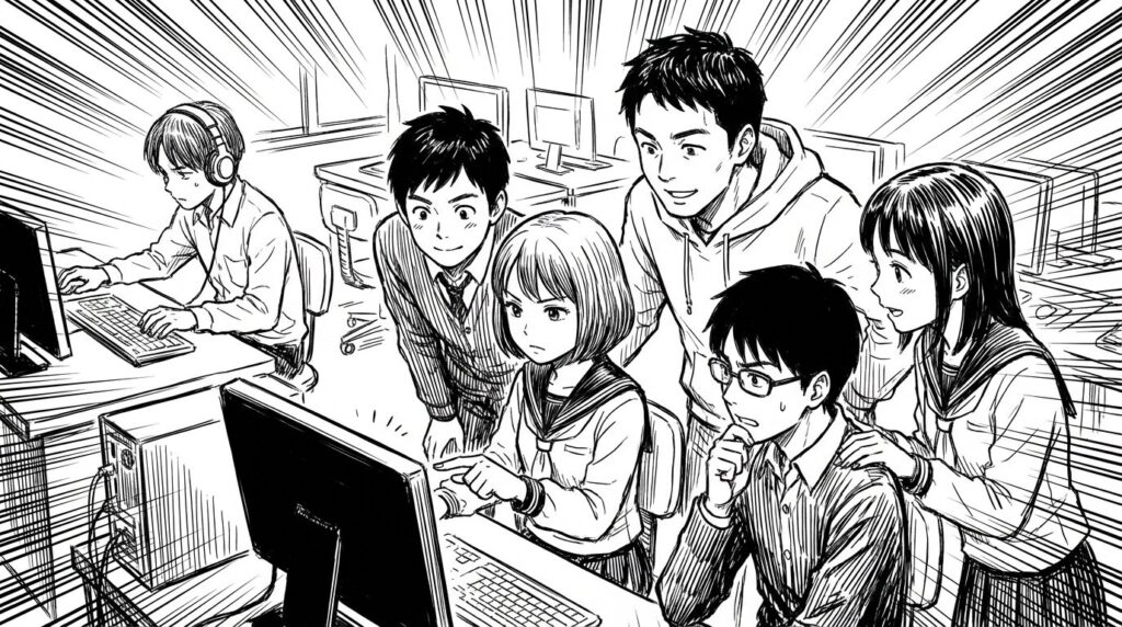 プログラミングスクールの教室で受講生同士が画面を見せ合いながら熱心に議論している活気ある線画イラスト