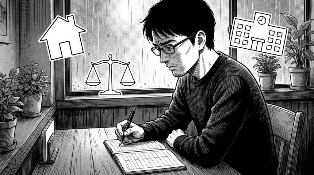 自宅のデスクで自分の性格やライフスタイルを書き出しながら学習スタイルを比較検討している男性の線画イラスト