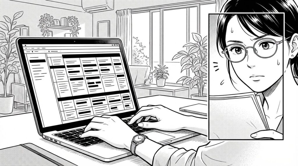 自宅の作業スペースでSlackの画面を見ながら的確な質問文を作成しようと推敲しているエンジニアの線画イラスト