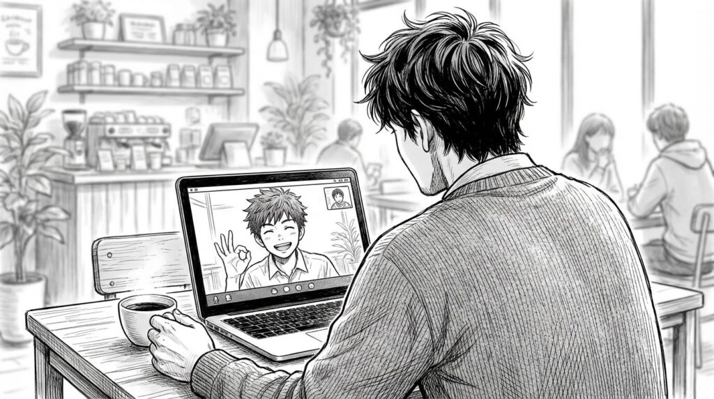 カフェでメンターとオンライン通話を繋ぎながら学習の悩み相談をしている男性の線画イラスト