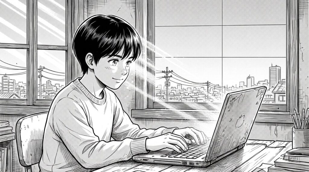 朝の光が差し込む窓辺でノートPCを開き迷いのない表情でコードを打ち始めているエンジニアの線画イラスト